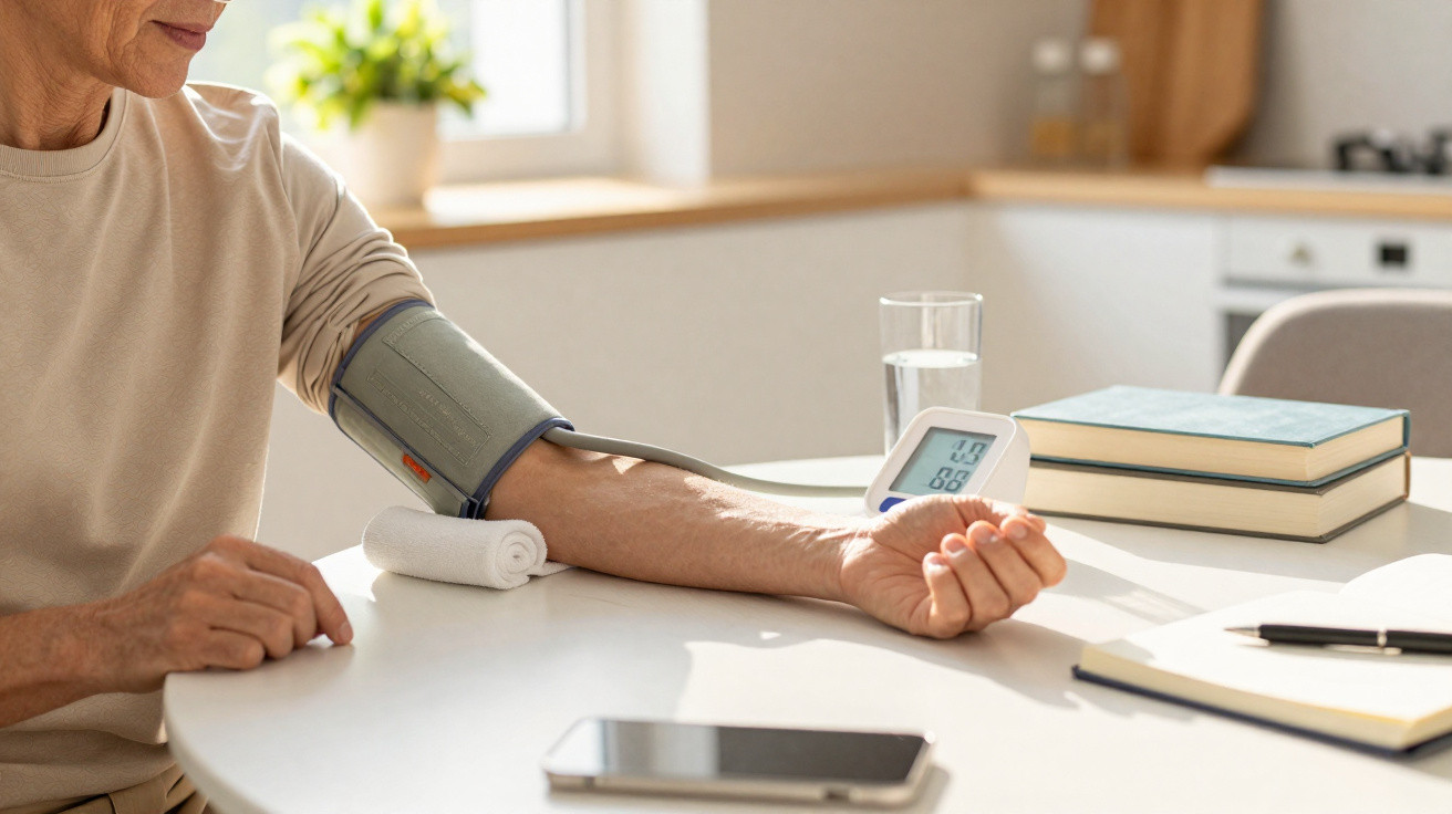 Pessoa medindo a pressão arterial com aparelho digital sentado à mesa com livros, copo d'água e celular.