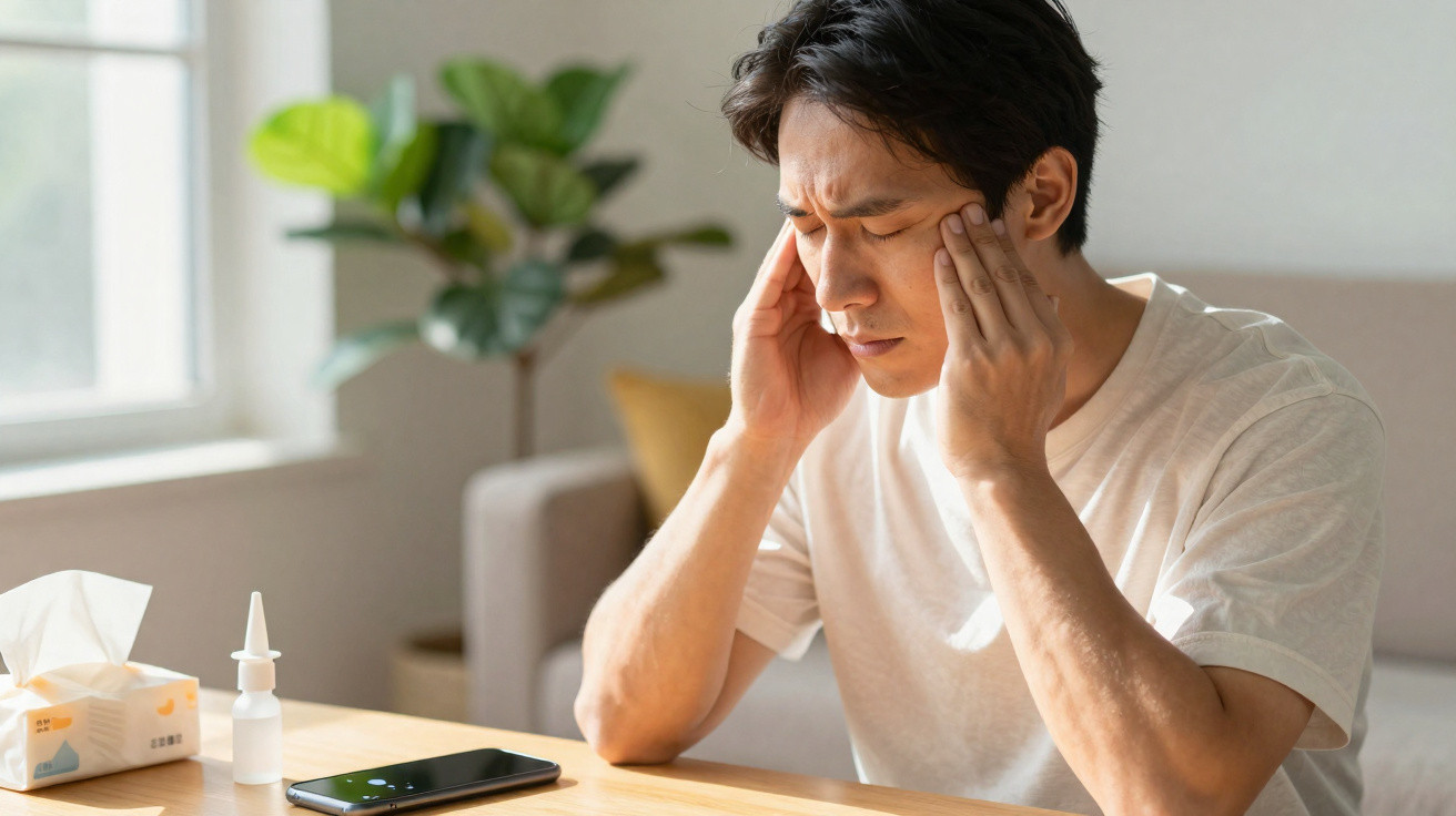 Homem asiático com expressão de dor segurando a cabeça sentado à mesa com lenços, remédio e celular.