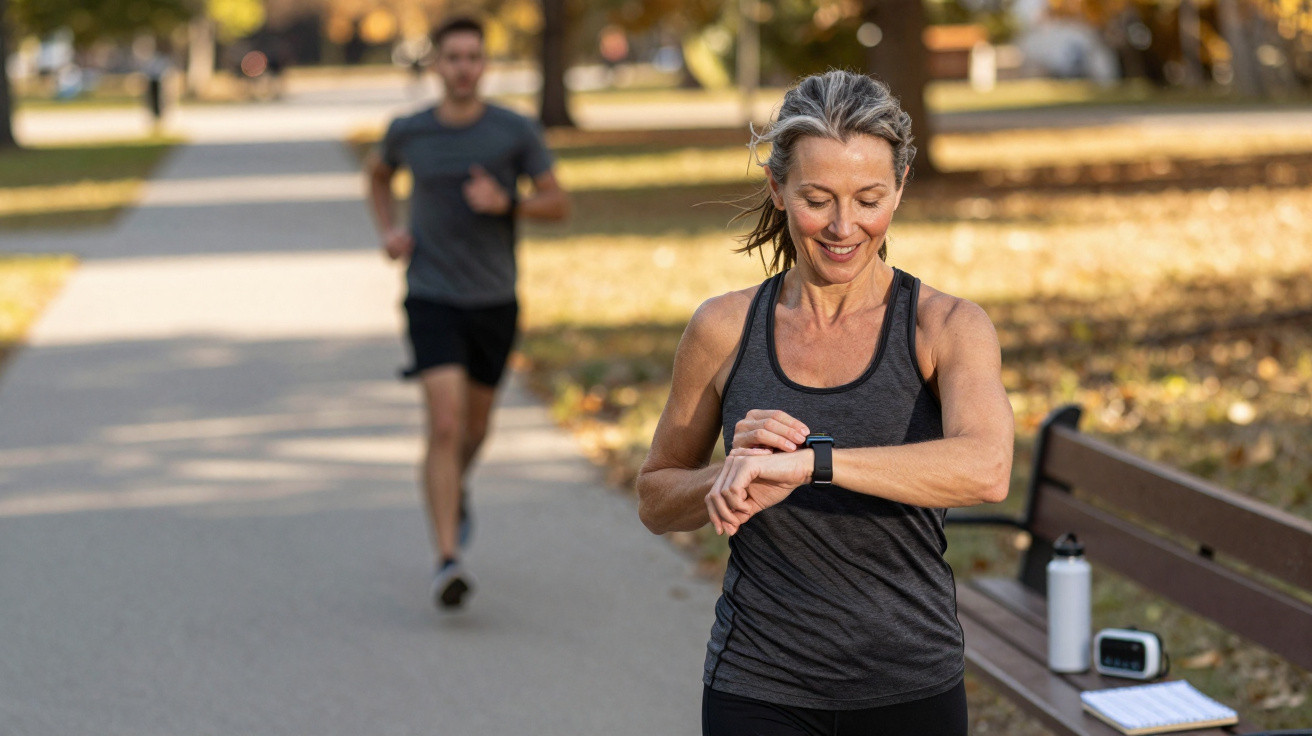 Mulher sorrindo verifica relógio esportivo enquanto corre em parque, com homem correndo ao fundo.