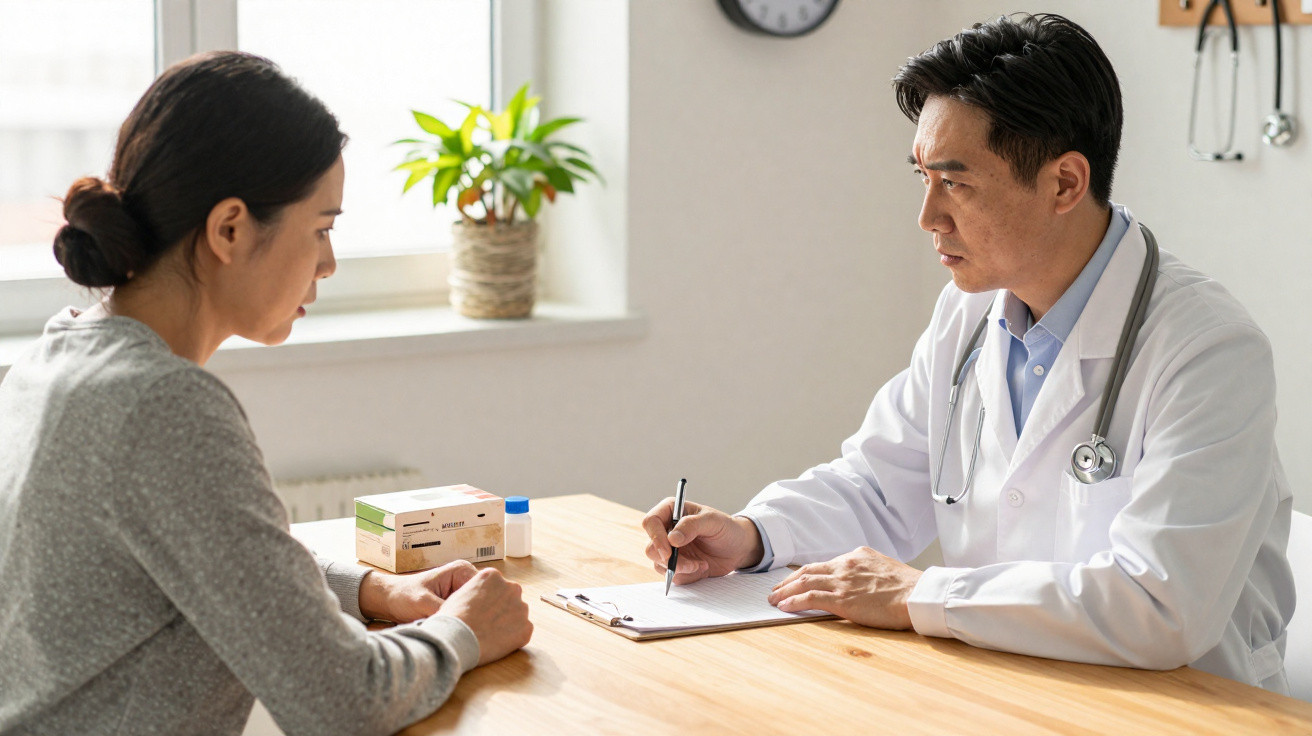 Paciente e médico conversando em consultório, com prontuário e medicamentos sobre a mesa.