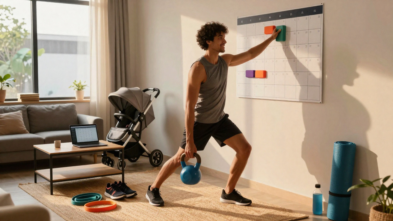 Homem fazendo exercício com kettlebell em casa, atualizando calendário na parede.