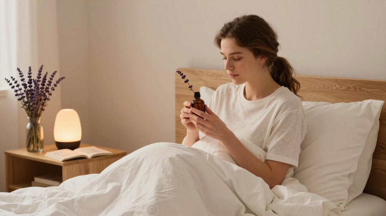 Mulher sentada na cama segurando um frasco com ramo de lavanda, ambiente acolhedor e iluminado.