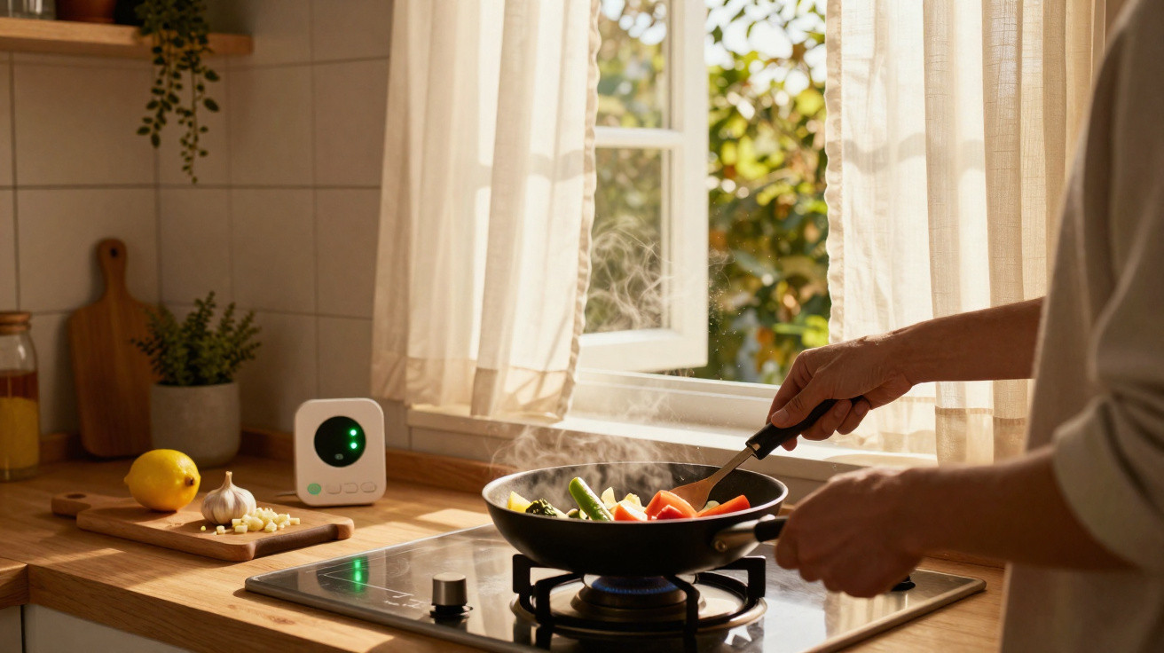 Pessoa cozinhando legumes em frigideira sobre fogão a gás em cozinha iluminada pela luz natural.