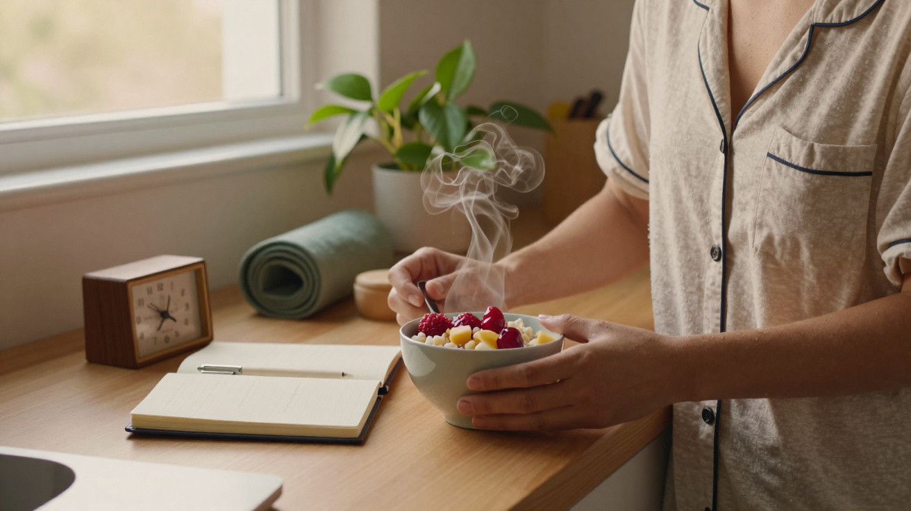 Pessoa segurando tigela com frutas quentes e vapor, ao lado de caderno aberto em mesa perto da janela.