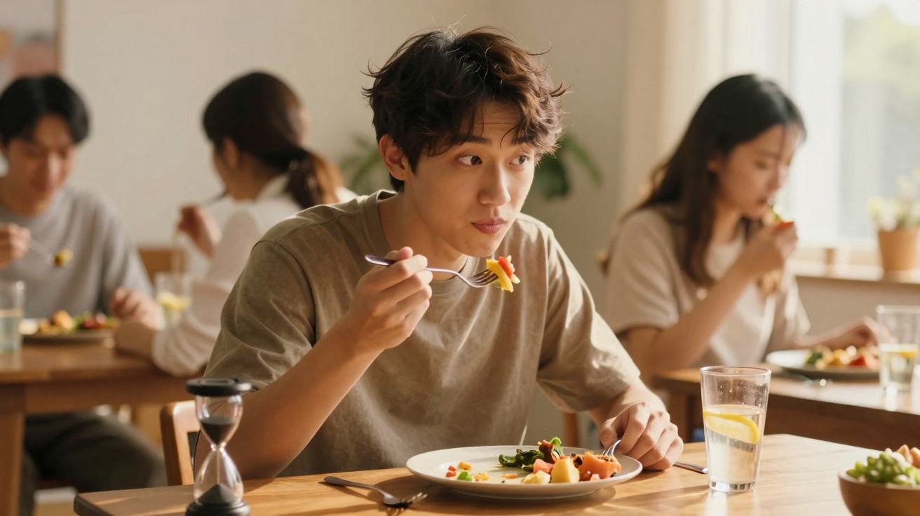 Jovem comendo salada em restaurante com outras pessoas ao fundo em ambiente iluminado pela luz natural.