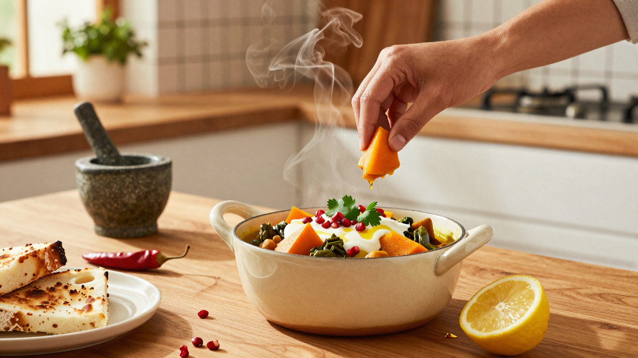Prato quente com legumes, grãos e iogurte, mãos espremendo laranja, limão e pimenta decoram mesa de madeira.