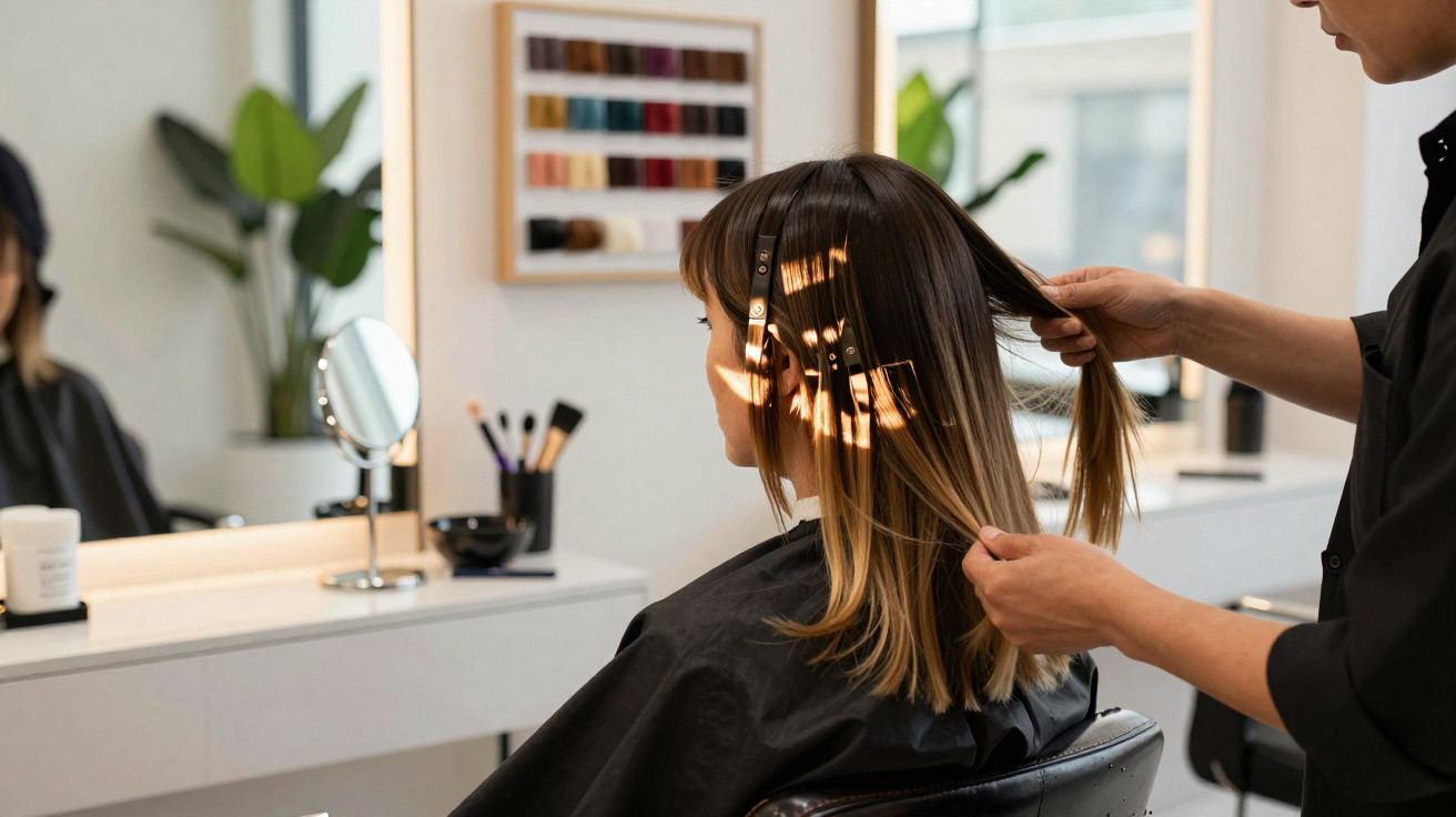 Cabeleireiro arrumando o cabelo de mulher sentada em cadeira de salão de beleza moderno e iluminado.