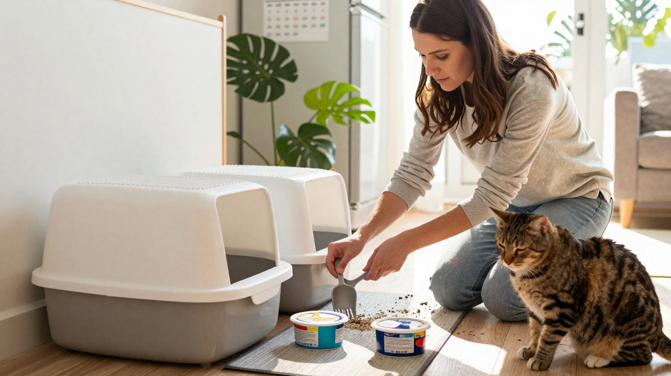 Mulher limpando caixa de areia de gatos com pá, gato ao lado observando, em sala iluminada.