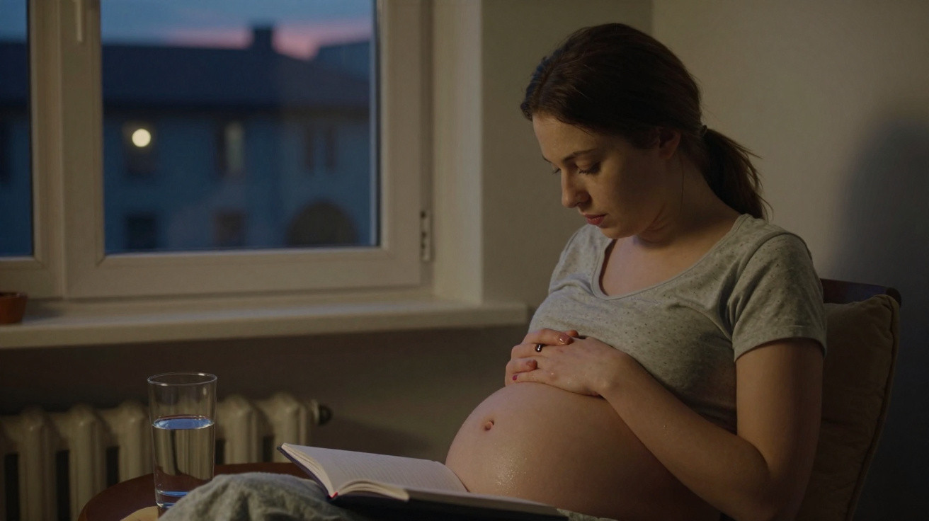 Mulher grávida sentada lendo um livro à noite, com um copo d'água ao lado, próximo à janela.