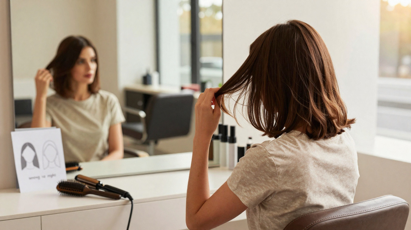 Mulher sentada em salão de beleza, olhando seu cabelo no espelho enquanto o segura com a mão.