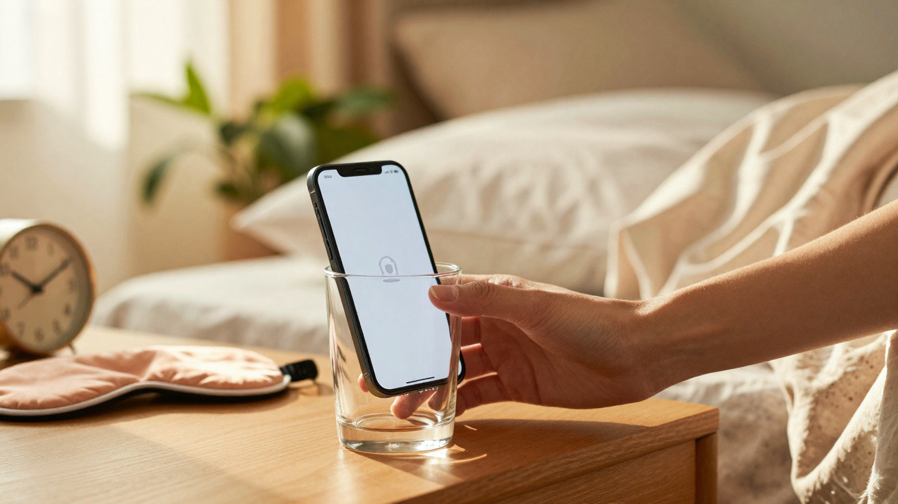 Pessoa guardando celular em copo sobre mesa de cabeceira ao lado de almofada e relógio despertador.
