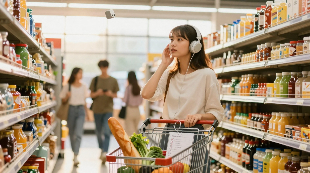 Jovem com fones de ouvido fazendo compras em supermercado, empurrando carrinho com alimentos.