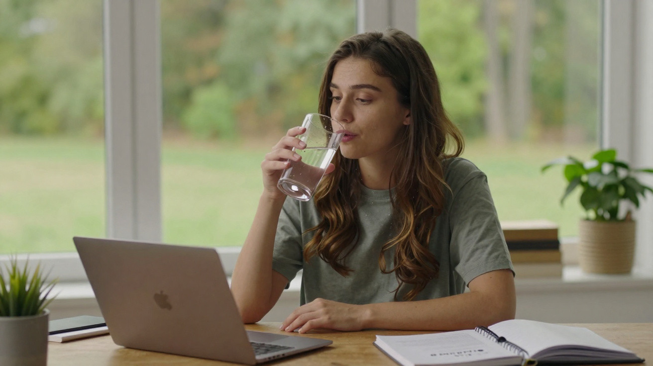 Mulher jovem tomando água enquanto trabalha em laptop em ambiente interno com plantas ao fundo.