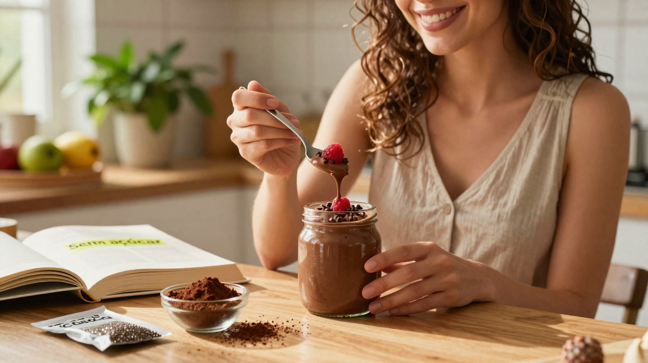 Mulher sorrindo comendo mousse de chocolate com frutas vermelhas em pote de vidro na cozinha.