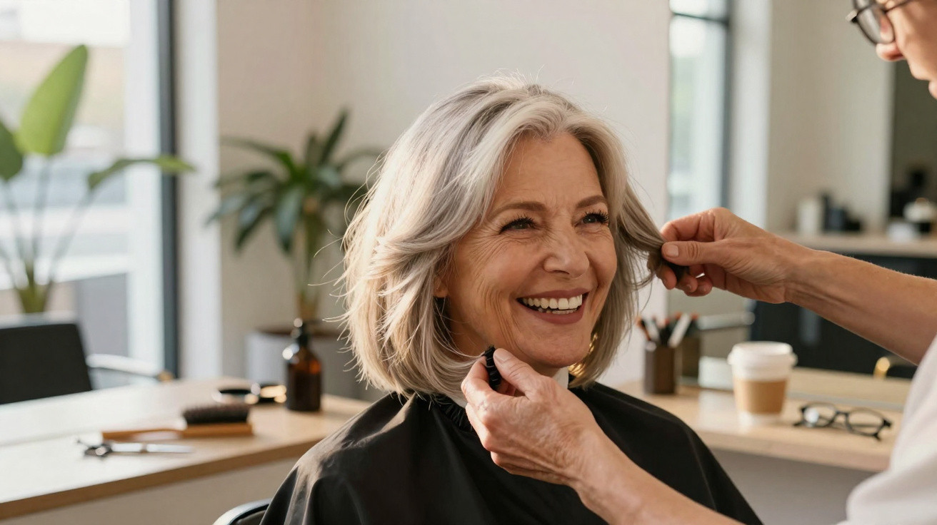 Mulher madura sorridente recebendo acabamento de cabelo em salão de beleza moderno e iluminado.