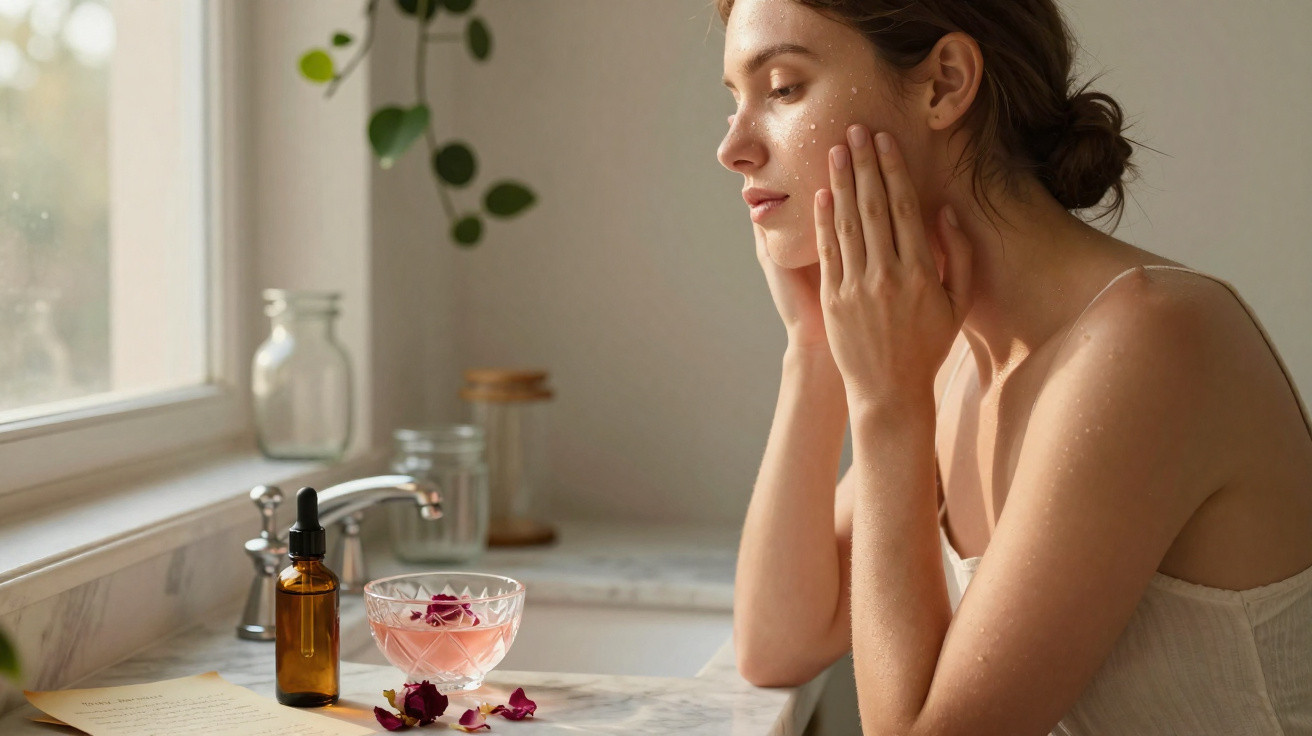 Mulher aplicando creme facial sentada em bancada de banheiro iluminado por janela.