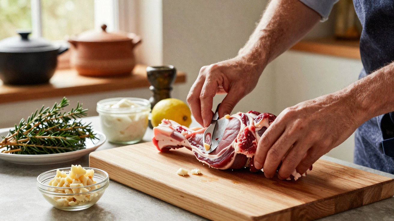 Pessoa espetando alho em um pedaço de carne em tábua de madeira na cozinha.