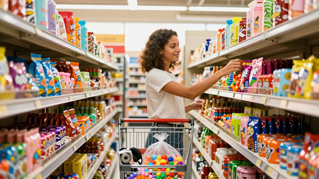 Mulher jovem escolhendo produtos em corredor de supermercado com carrinho cheio de brinquedos coloridos.