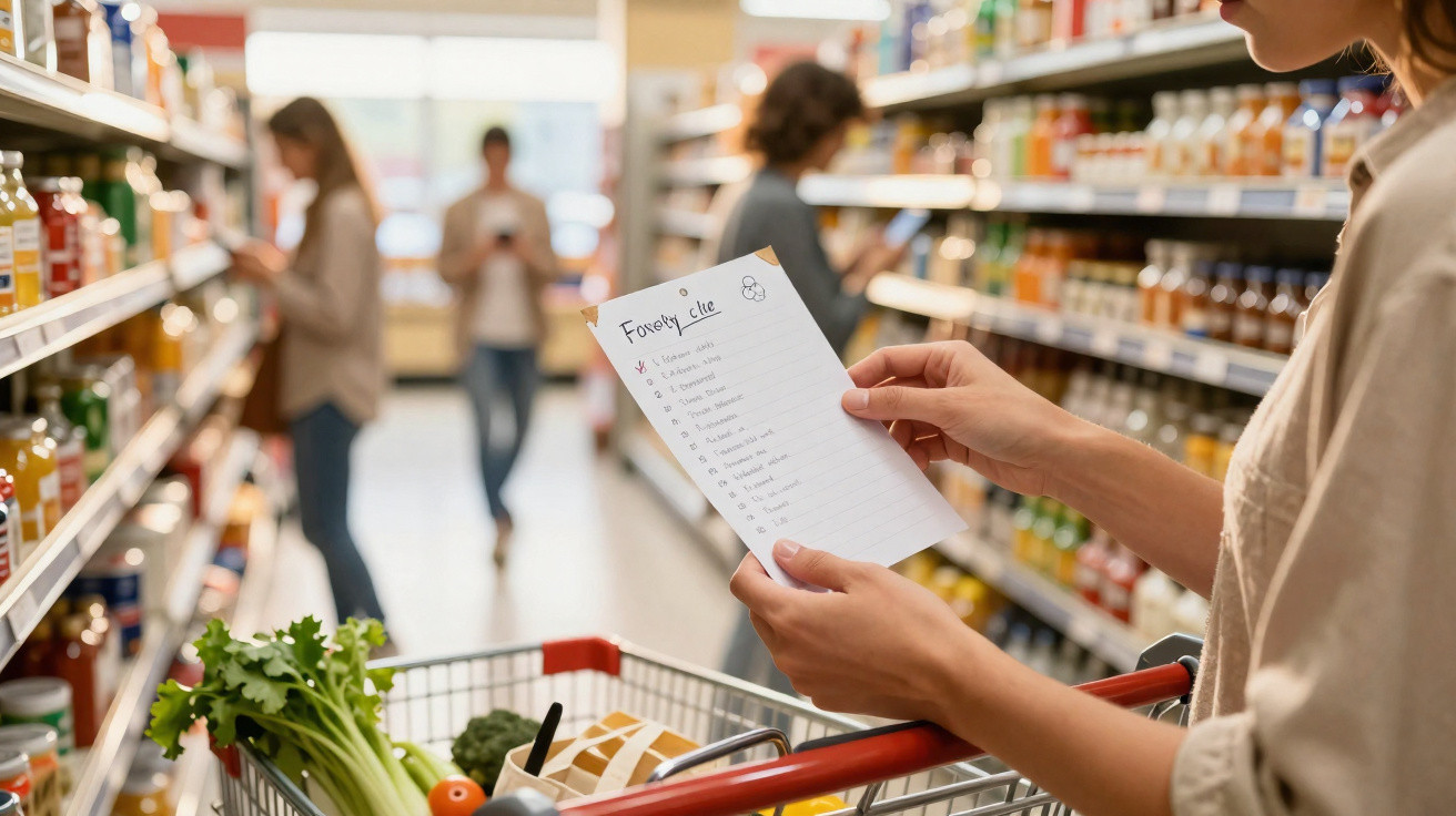 Pessoa segurando lista de compras em corredor de supermercado com carrinho cheio de alimentos.