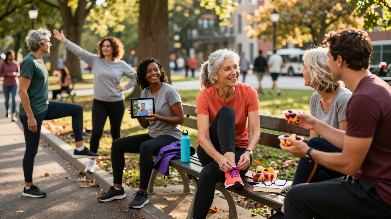 Grupo diversificado de pessoas praticando exercícios e conversando em parque ao ar livre.