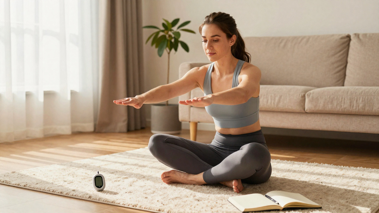 Mulher fazendo yoga sentada no tapete da sala, com plantinha e sofá ao fundo, livro aberto ao lado.