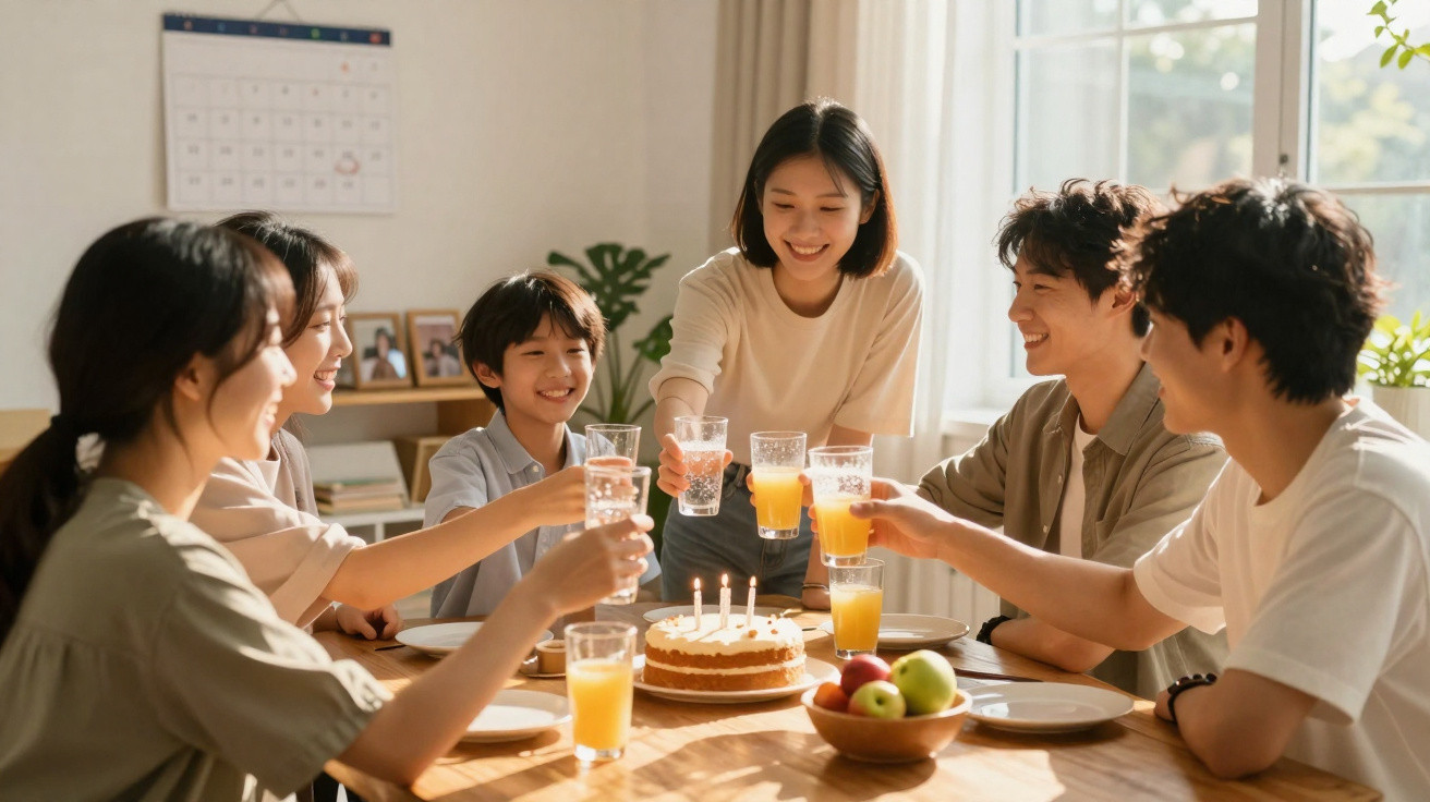 Família reunida, sorrindo e fazendo brinde ao redor de bolo de aniversário com velas acesas na mesa.