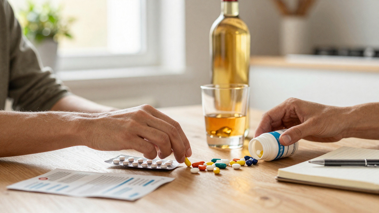 Mãos segurando comprimidos e frascos de remédios sobre mesa com vidro e garrafa de bebida alcoólica ao fundo.
