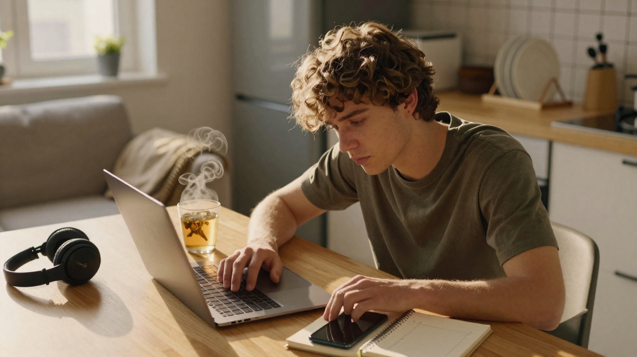 Jovem concentrado trabalhando no laptop com chá quente, fones, celular e caderno na mesa da cozinha.