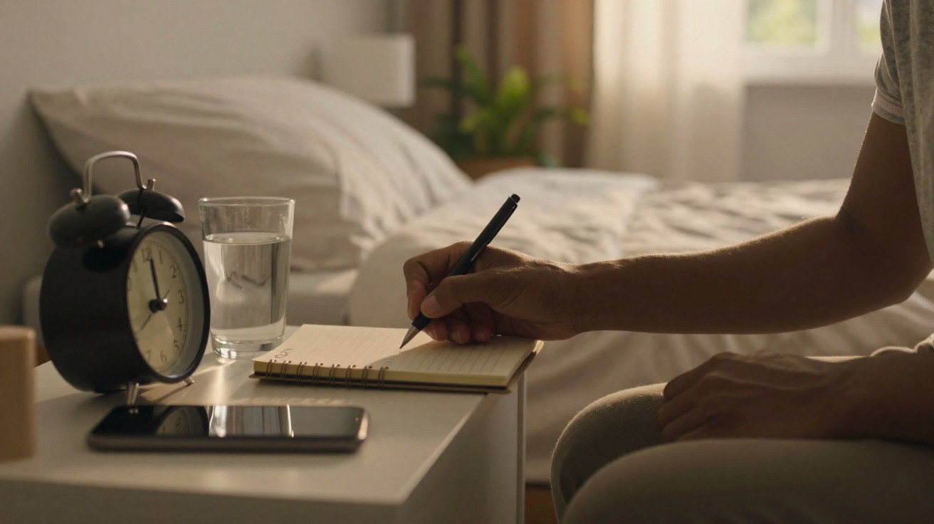 Pessoa escrevendo em caderno ao lado de relógio, copo d'água e celular em mesa perto da cama.
