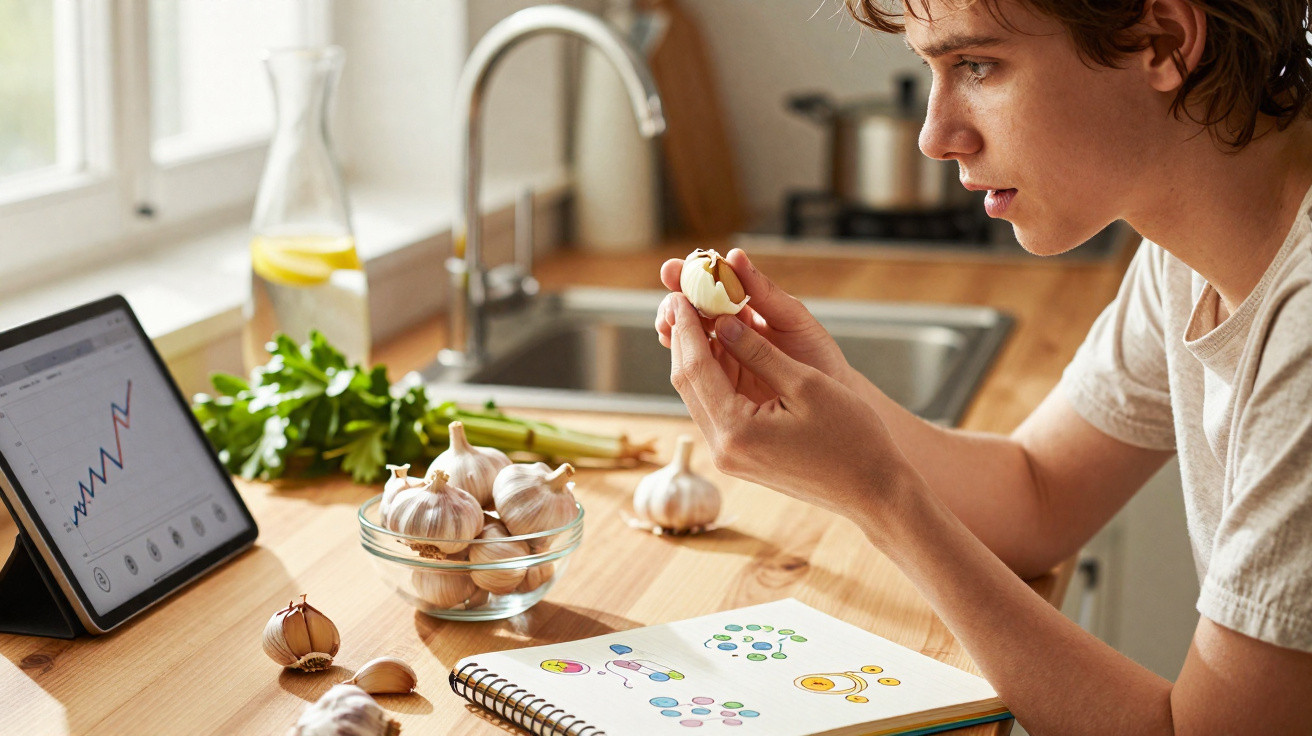 Pessoa segurando alho enquanto estuda desenhos coloridos em caderno, com tablet e ingredientes na cozinha.