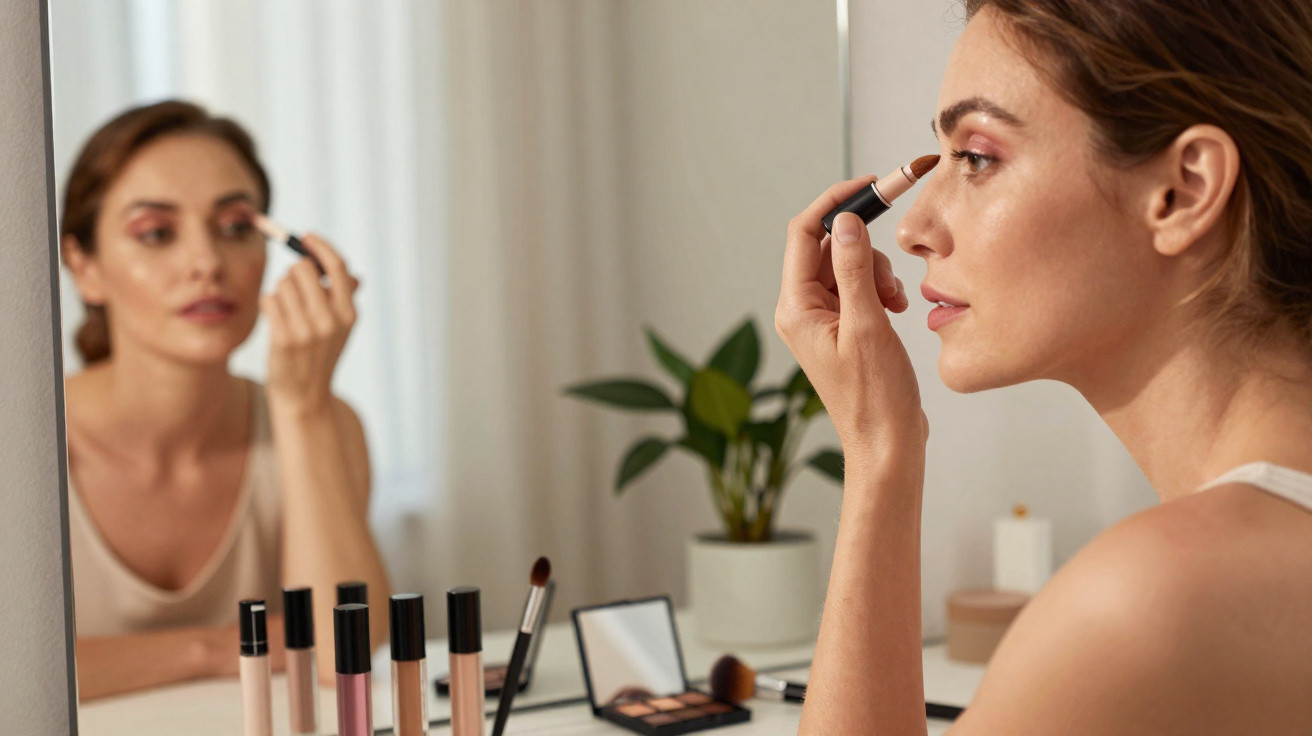 Mulher aplicando sombra nos olhos em frente ao espelho com produtos de maquiagem na mesa.