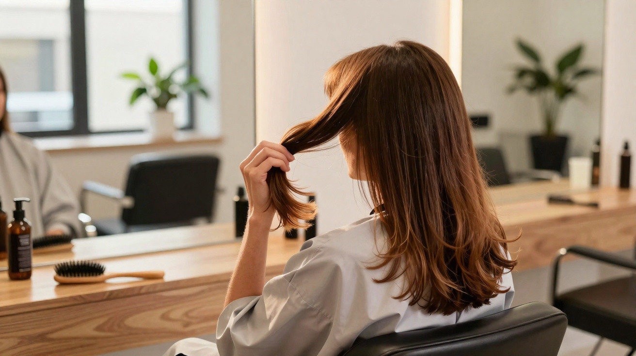 Mulher sentada em cadeira de salão de beleza, olhando e segurando o cabelo castanho, com espelho à frente.