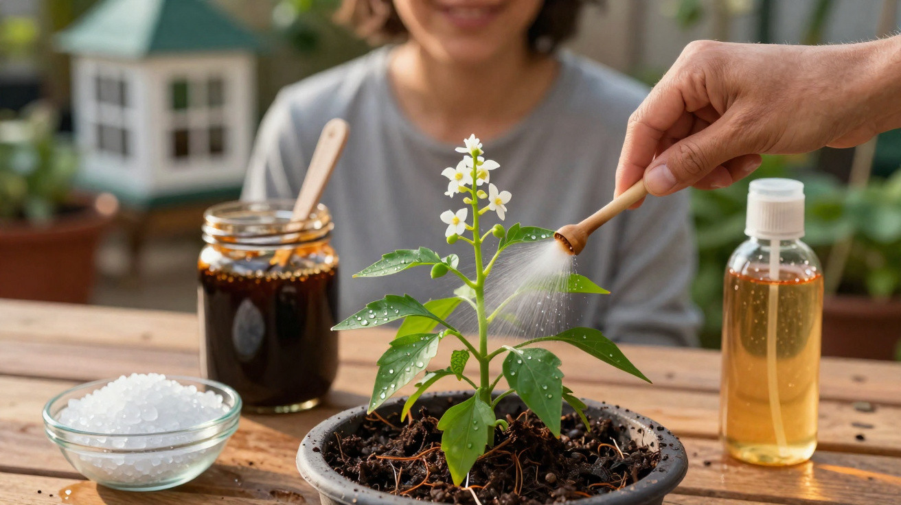 Pessoa regando planta pequena com flores brancas em vaso, com frascos e tigela de sal grosso ao lado.