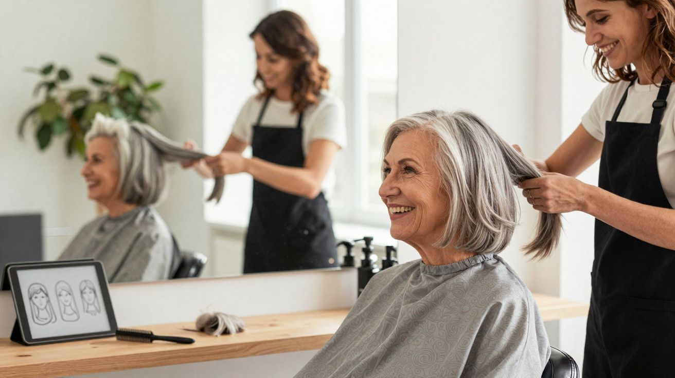 Mulher sorrindo durante corte de cabelo em salão, cabeleireira segurando mecha de cabelo loiro.