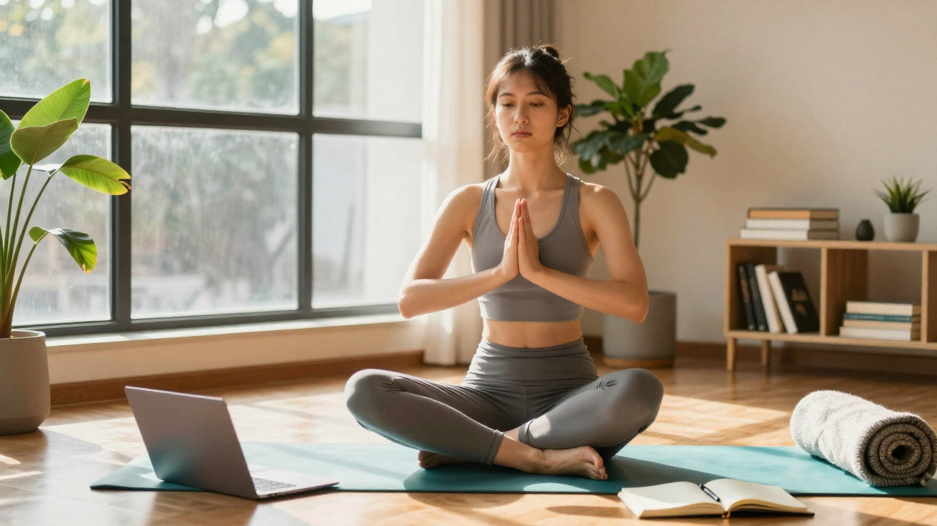 Mulher jovem meditando sentada em posição de lótus em tapete, com laptop, toalha e caderno ao redor.