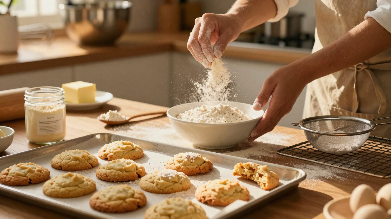 Mãos polvilhando farinha em tigela com cookies assados em forma e utensílios de cozinha ao redor.