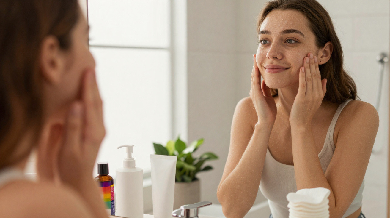 Mulher sorrindo aplicando creme no rosto em frente ao espelho no banheiro claro e moderno.