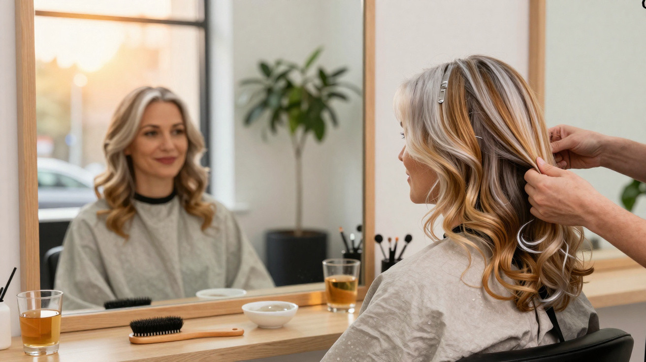 Mulher loira com cabelo cacheado sendo penteada em salão de beleza, refletida no espelho.