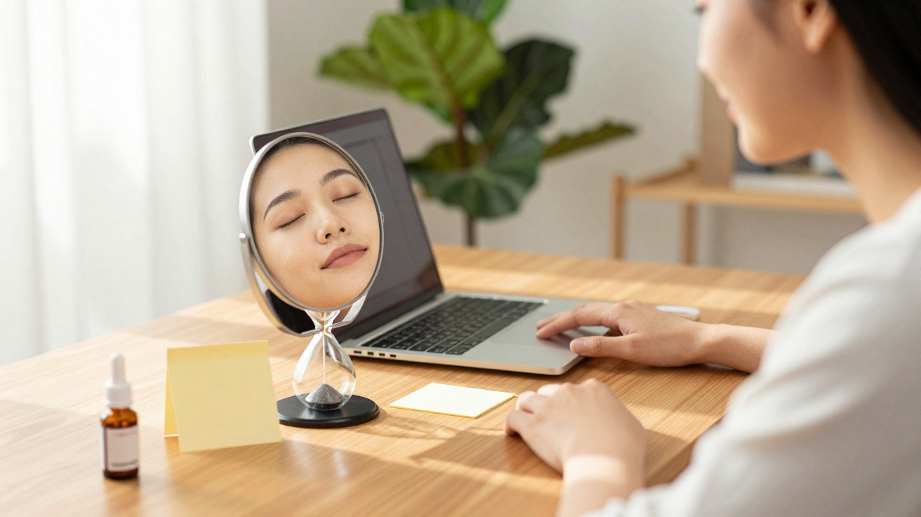 Mulher olhando seu reflexo relaxado no espelho de mesa com laptop e frasco na mesa de madeira.