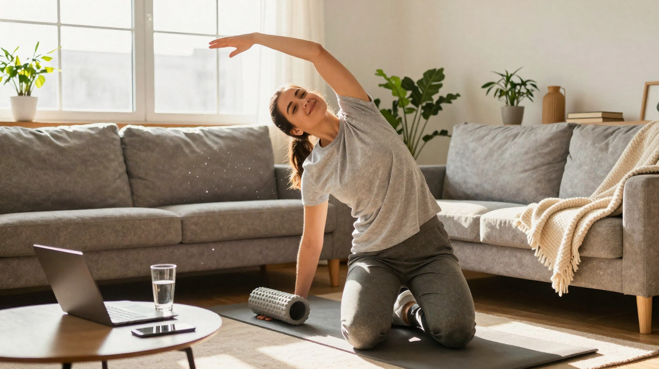 Mulher fazendo alongamento lateral em tapete de yoga na sala, com laptop e rolo de espuma ao lado.