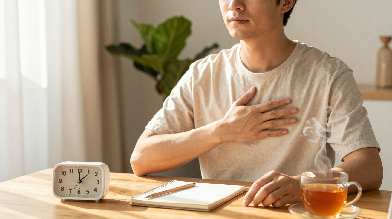 Homem sentado à mesa com mão no peito, relógio, caderno e xícara de chá quente à sua frente.