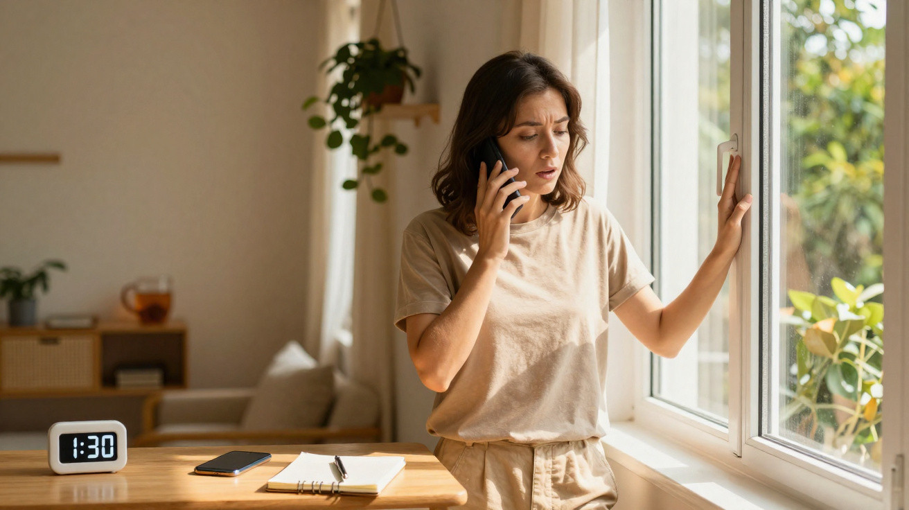 Mulher preocupada falando ao telefone ao lado de janela, com relógio e caderno sobre mesa em casa.