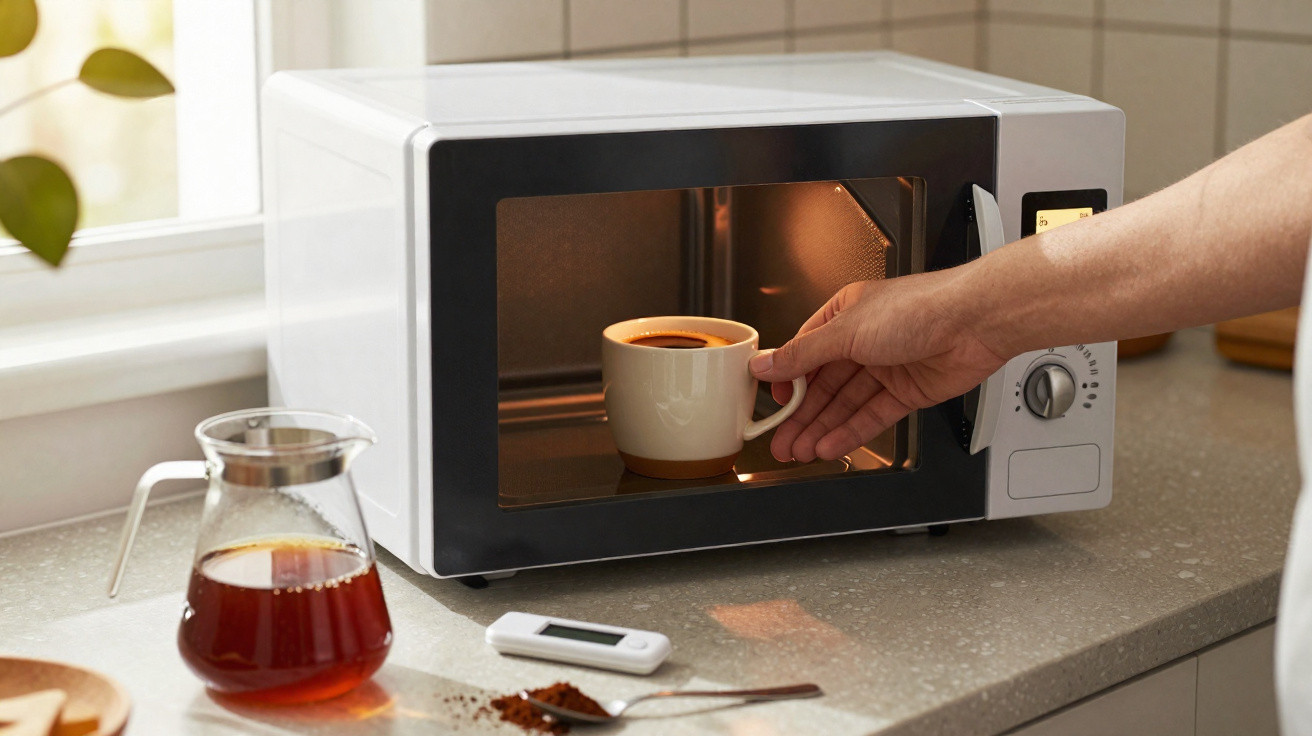 Mão colocando xícara de café no micro-ondas branco sobre bancada de cozinha iluminada próximo a jarra e termômetro.