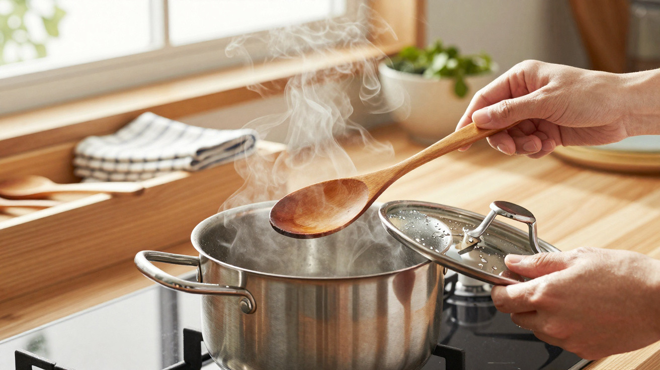 Mãos segurando tampa e mexendo com colher de pau panela de água fervente em fogão na cozinha.