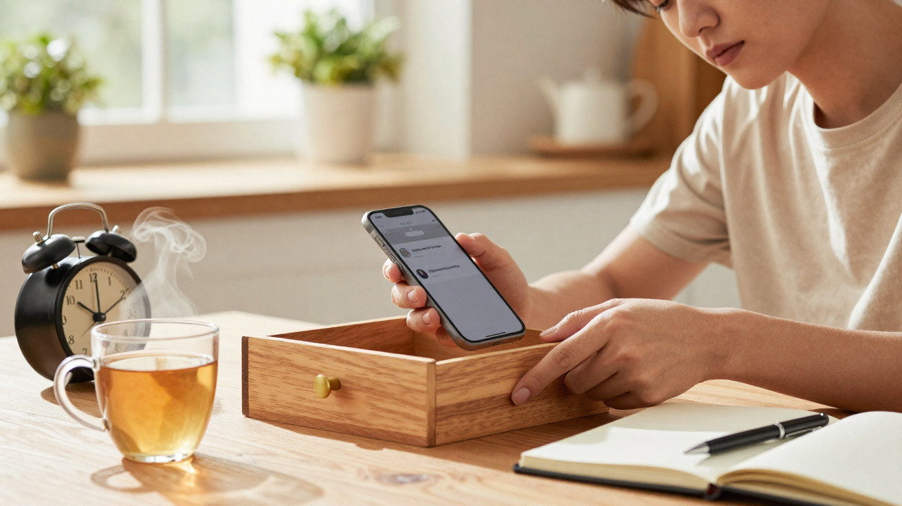 Pessoa usando smartphone e abrindo gaveta de madeira em mesa com chá, despertador e caderno.