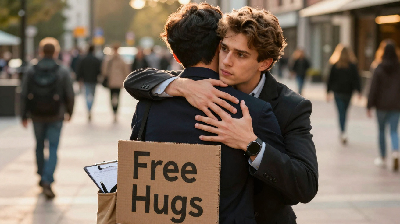 Dois homens de terno se abraçam na rua, um com placa de papelão escrito "Free Hugs".