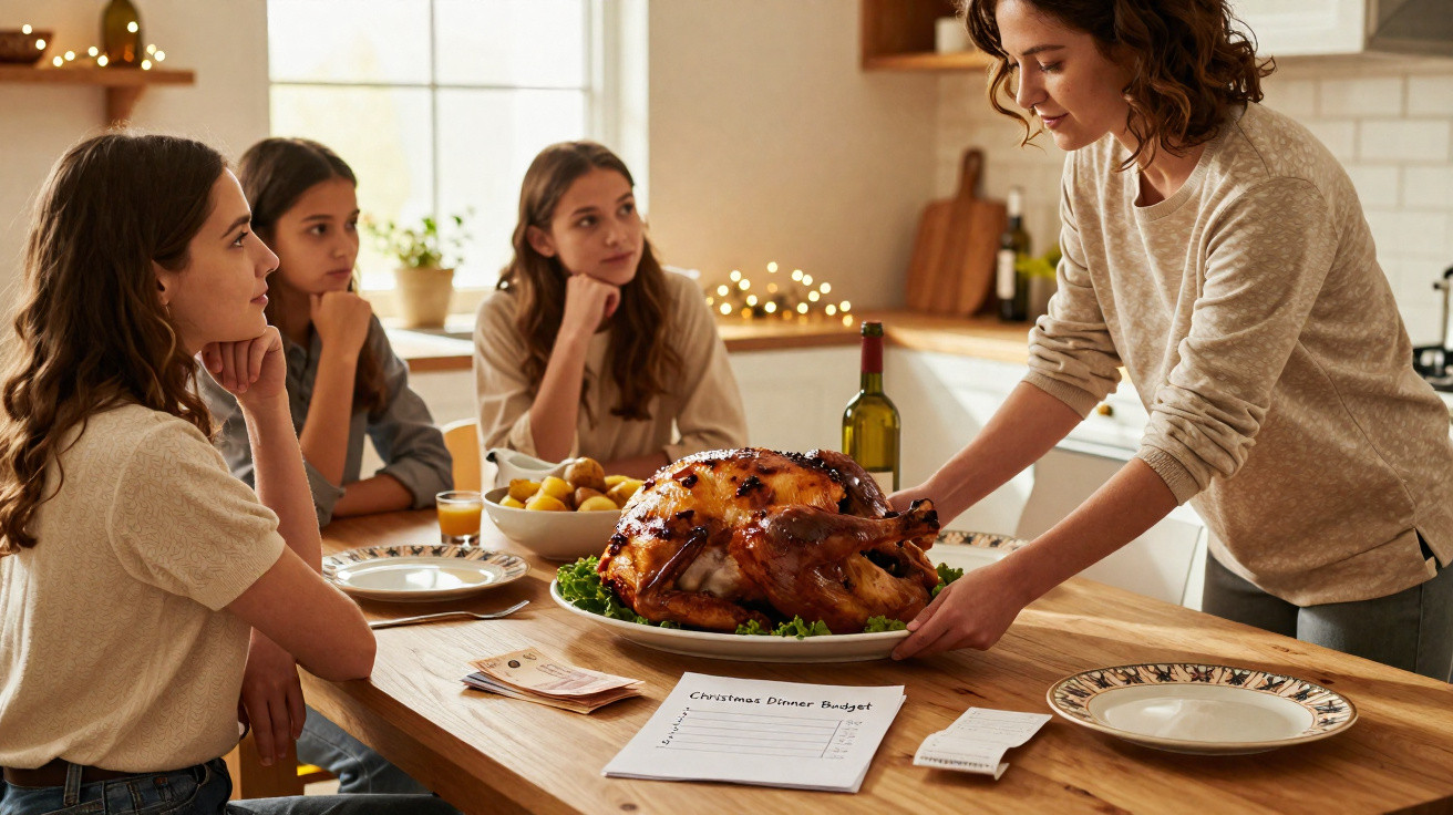 Mulheres reunidas em cozinha ao redor de mesa com peru assado e papel de orçamento para ceia de Natal.