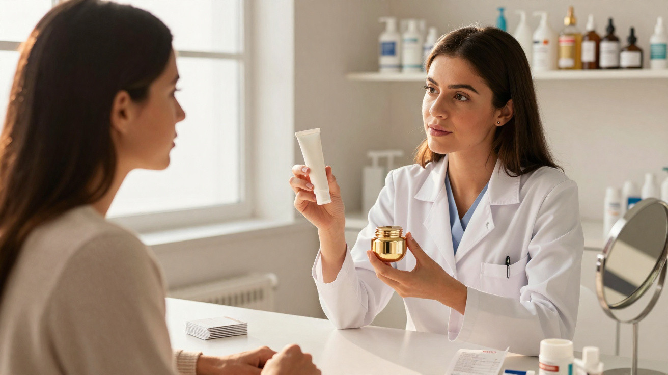 Dermétologa explica uso de cremes para paciente em consultório iluminado.