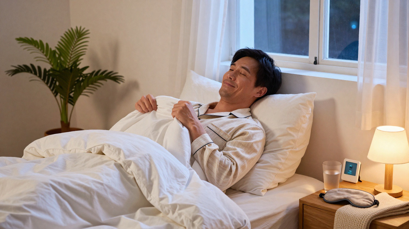 Homem sorrindo de pijama na cama, ajeitando o cobertor em quarto aconchegante com luz suave.