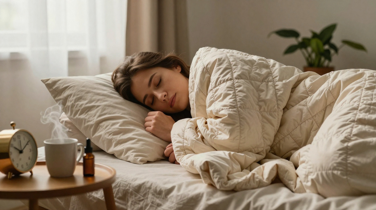 Mulher dormindo em cama com edredom claro, ao lado mesa com despertador, xícara e frasco de óleo essencial.